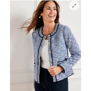 Talbots Blazer Blue Purple Tweed Fringe Open Front Jacket Size 12P